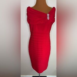 Scarlett Red Off-Shoulder Dress Horizontal Pleats Size 12